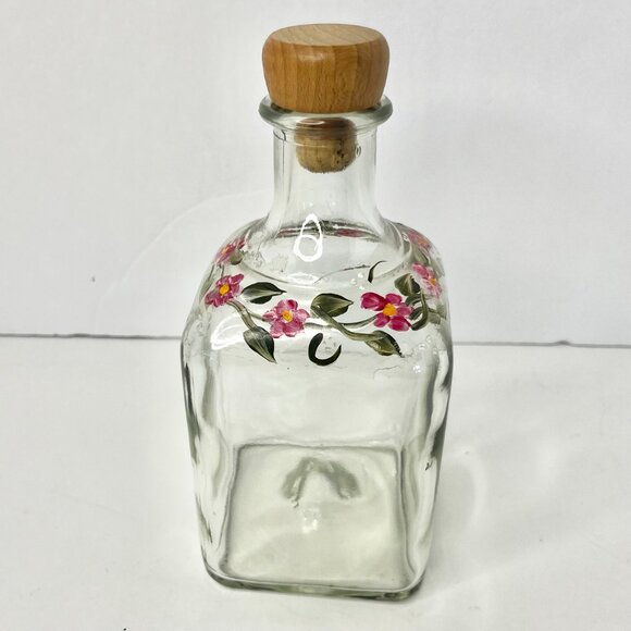 Floral Clear Glass Apothecary Bottle Hand painted Pink Flowers & Green Leaves - Picture 4 of 12